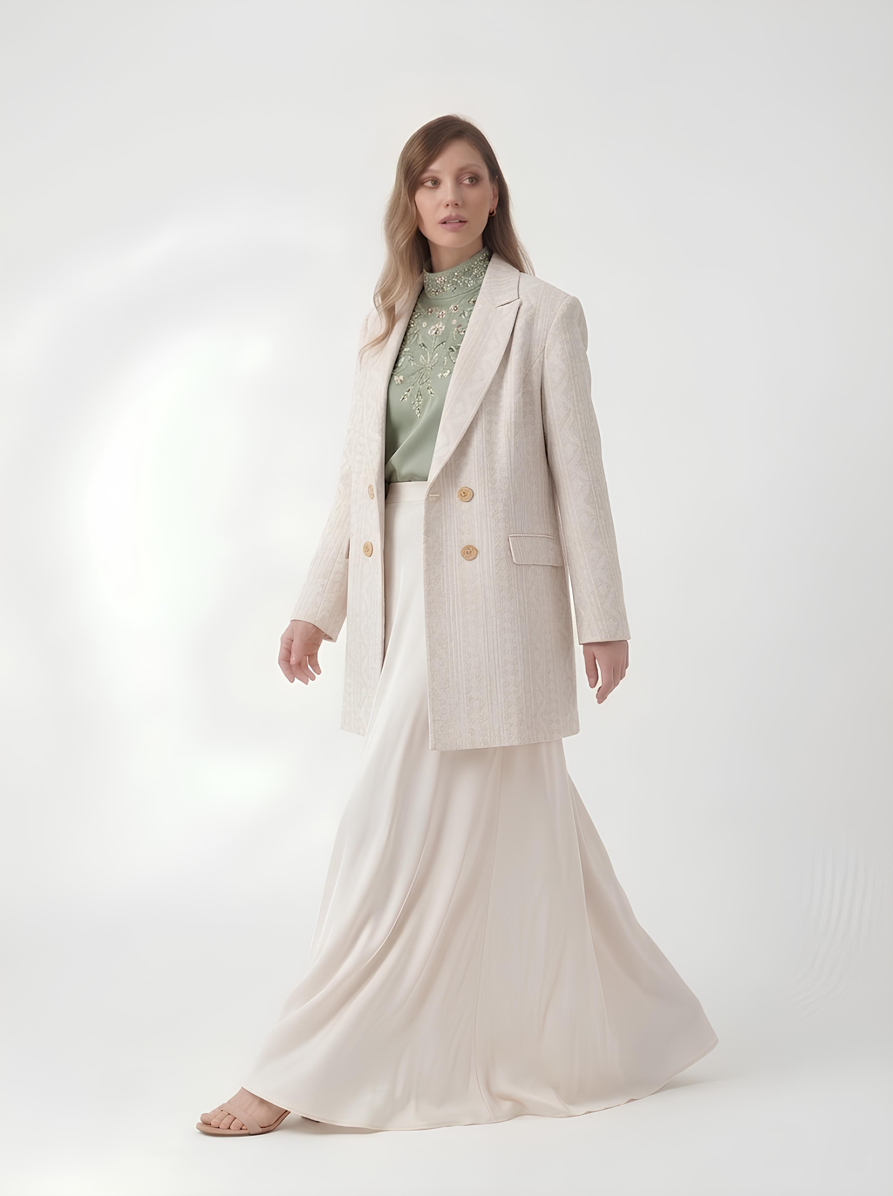 Melike Cy Vatkalı Oversize Uzun Keten Blazer Ceket Duruş