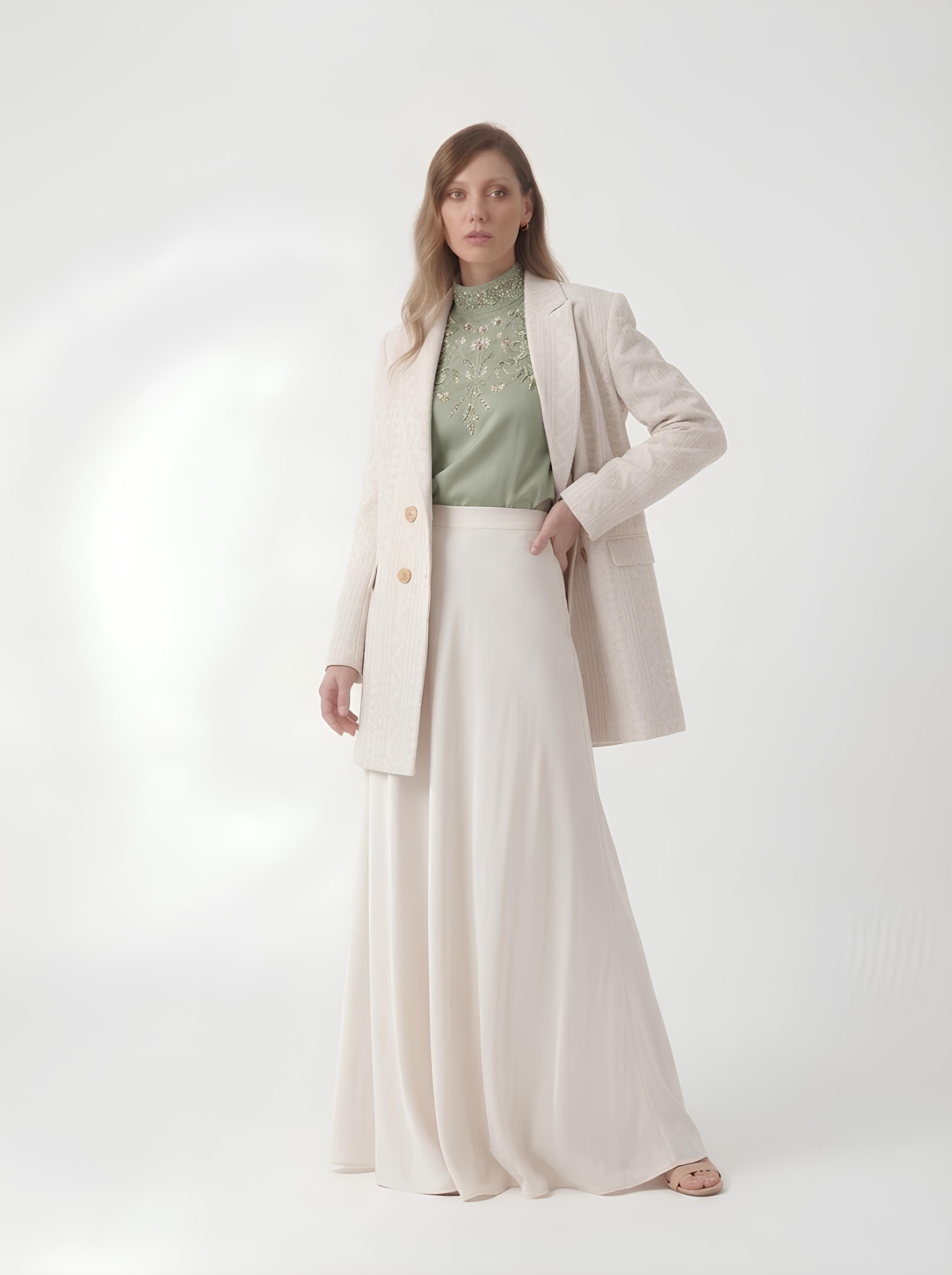 Melike Cy Vatkalı Oversize Uzun Keten Blazer Ceket Detay Açısı